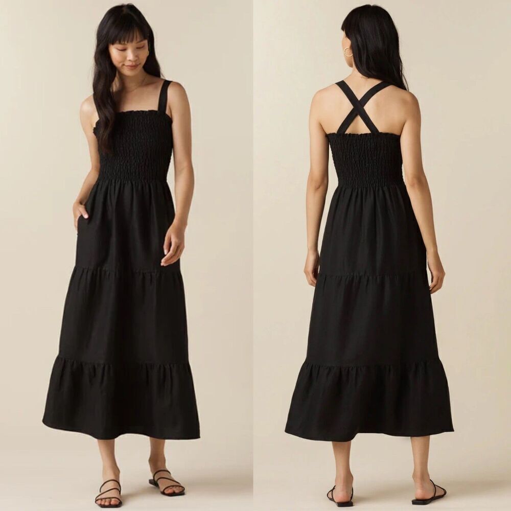 Vetta Women's Size S Black Linen The Smocked Tiered Midi Dress Boho Resort Beach